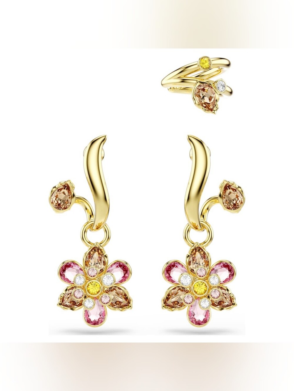 Swarovski Idyllia Flower Drop Earrings & Ear Cuff Set Multicolored Gold